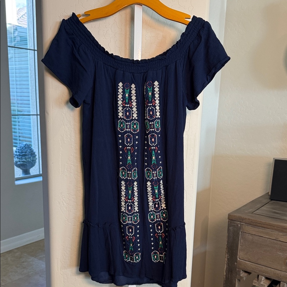 BLUE RAIN EMBROIDERED NAVY MIDI DRESS